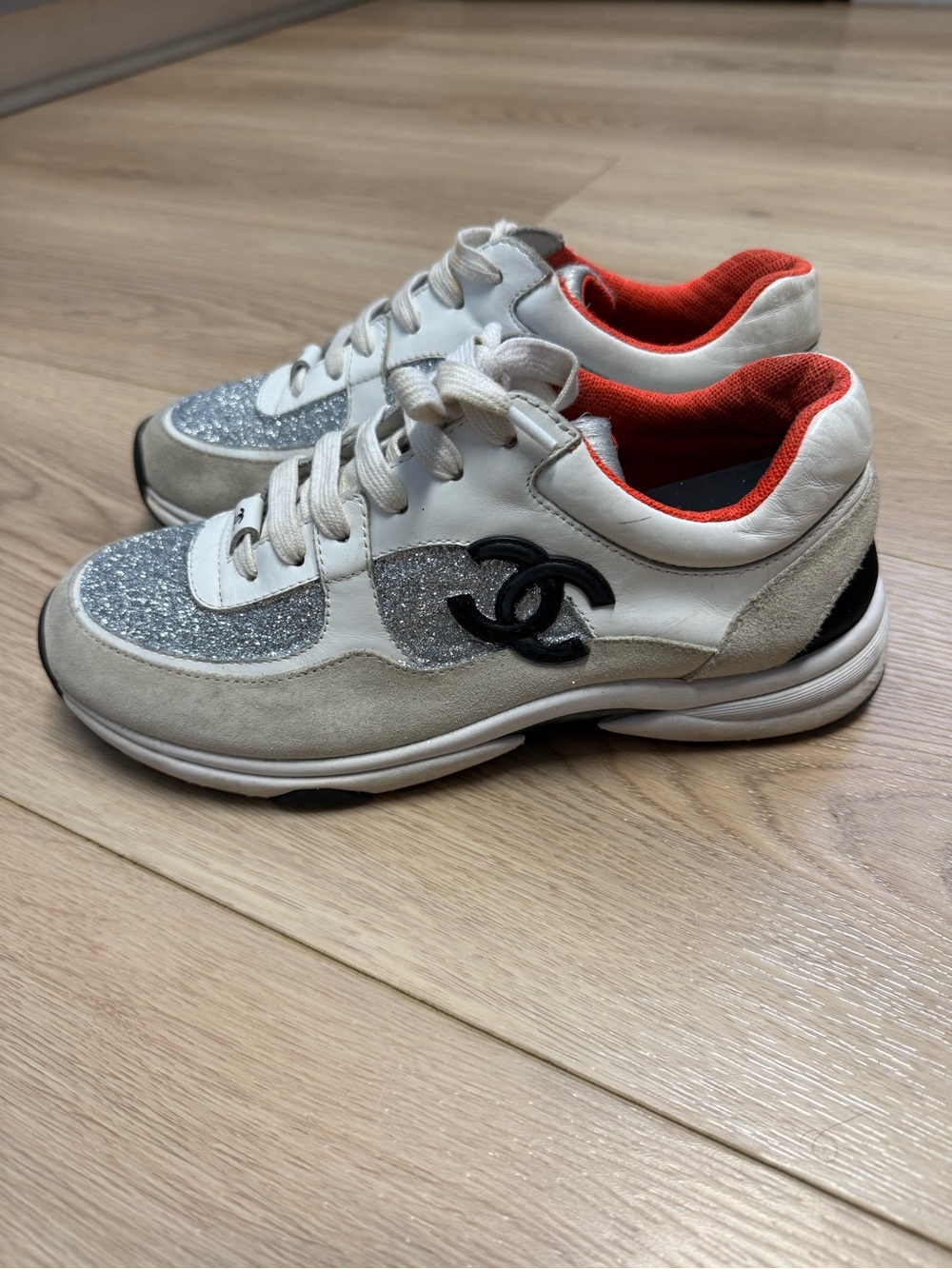 CHANEL White, Silver Glitter and Orange Low-Top Running Sneakers Size 8 (38) - Picture 3 of 16